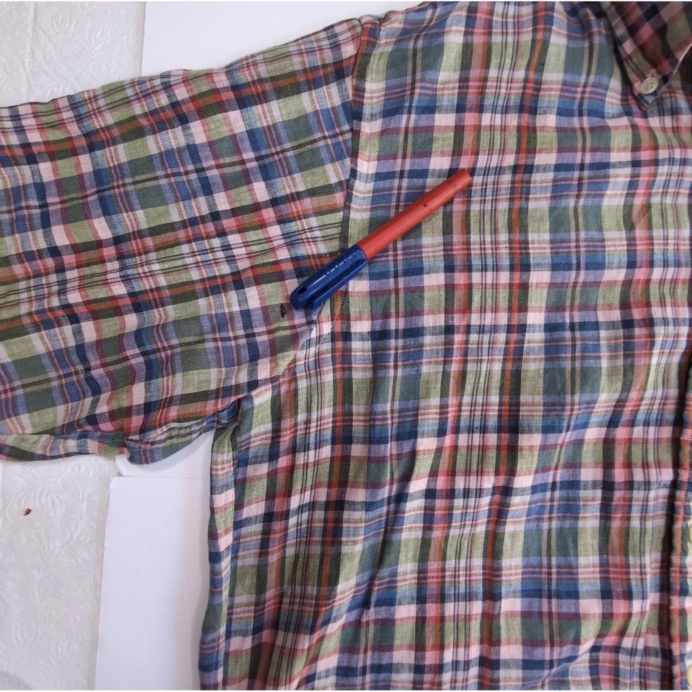 Brooks Brothers 1818 Irish Linen Plaid Shirt Mens L  AS IS READ Underarm Hole